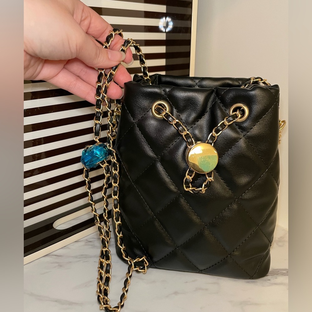 Black Quilted Bucket Crossbody Bag - Picture 3 of 9
